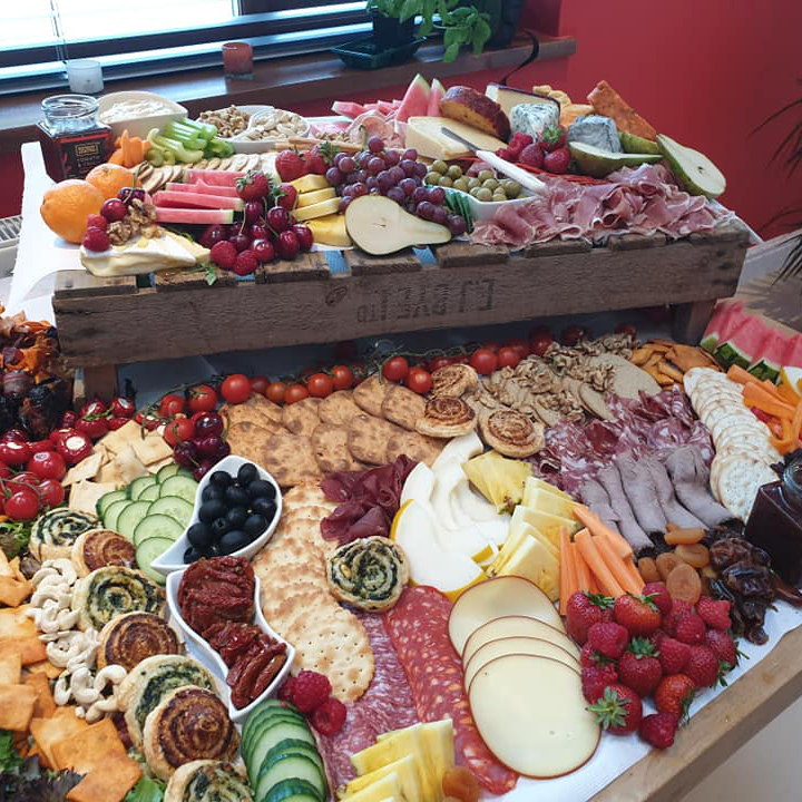 grazing station with cold meats, cheese and fruit